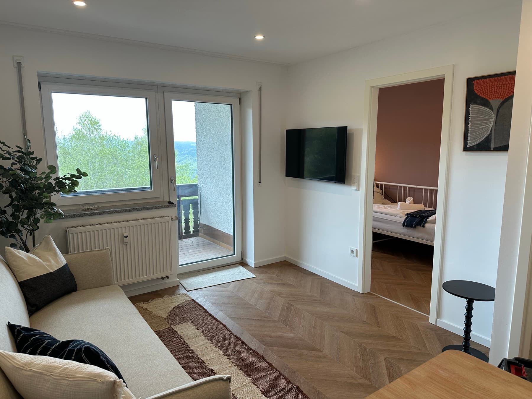 Apartment B7 – Wohnzimmer mit TV & Zimmerzugang